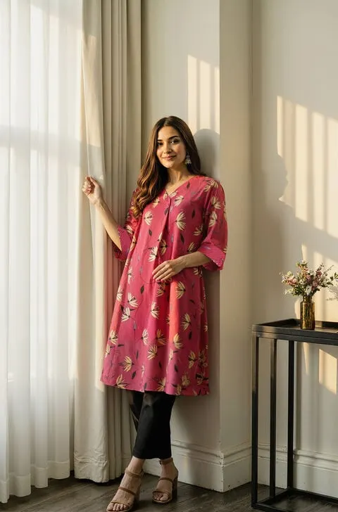 Pink Viscose Embroidered Kurta